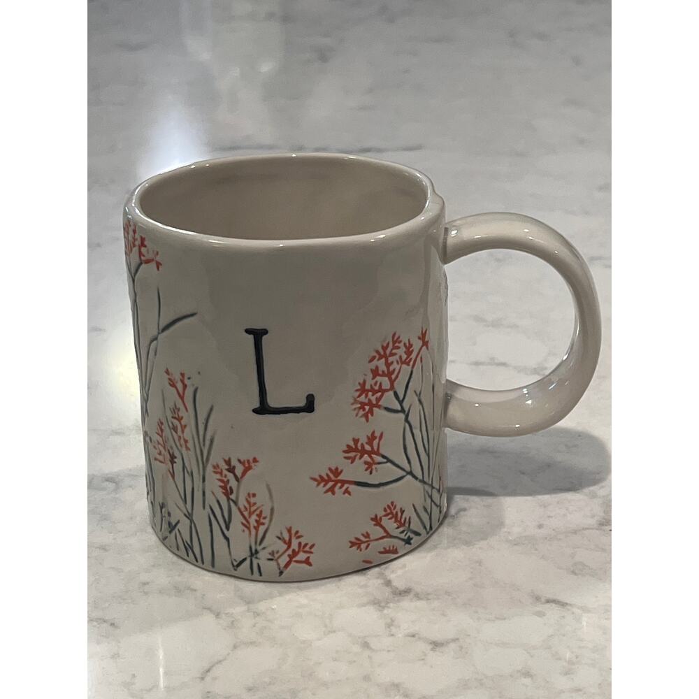 Anthropologie Initial L Monogram Floral Rise and‎ Shine Ceramic Mug with Handle